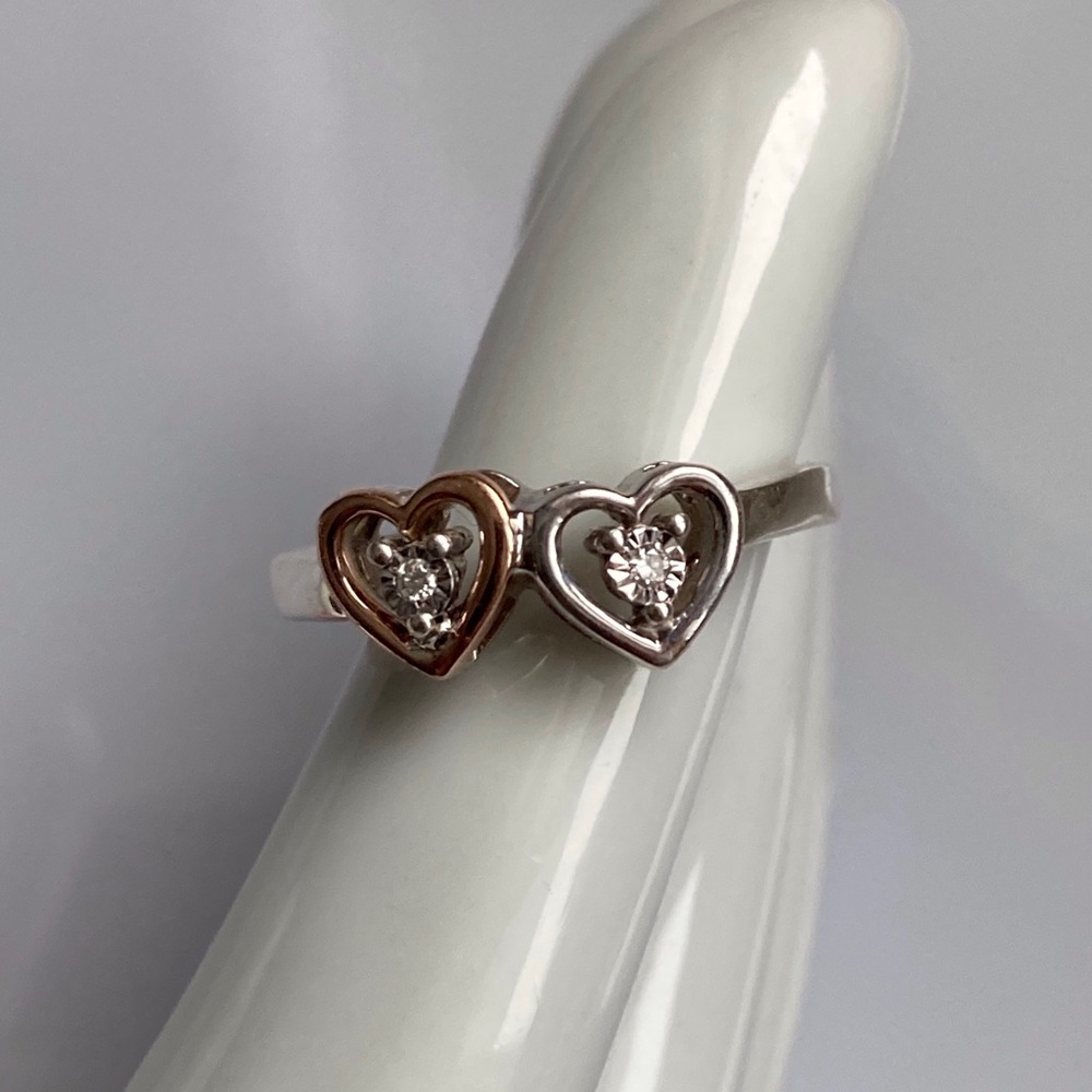 Ring with Silver and Gold Hearts and a Small Diamond in Each Heart Size 6.5